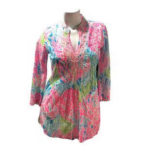 Lilly Pulitzer Let's Cha Cha Sarasota Tunic Blouse Top Beaded Pink Blue Sz Small